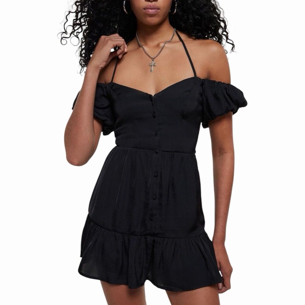 Kimchi Blue Courtney Cold Shoulder Mini Dress Black Size M Puff Sleeve Buttoned